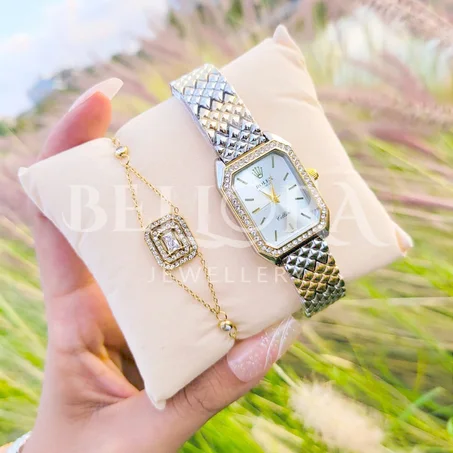 ⚡Montre à Rolex Pour Femmes À La Mode À Cadran Carré ornée de strass et un bracelet inoxydable 🔹élégant et 🔹tendance ⚡ساعة رولكس نسائية عصرية مزينة بأحجار الراين ستيل أنيق وعصري