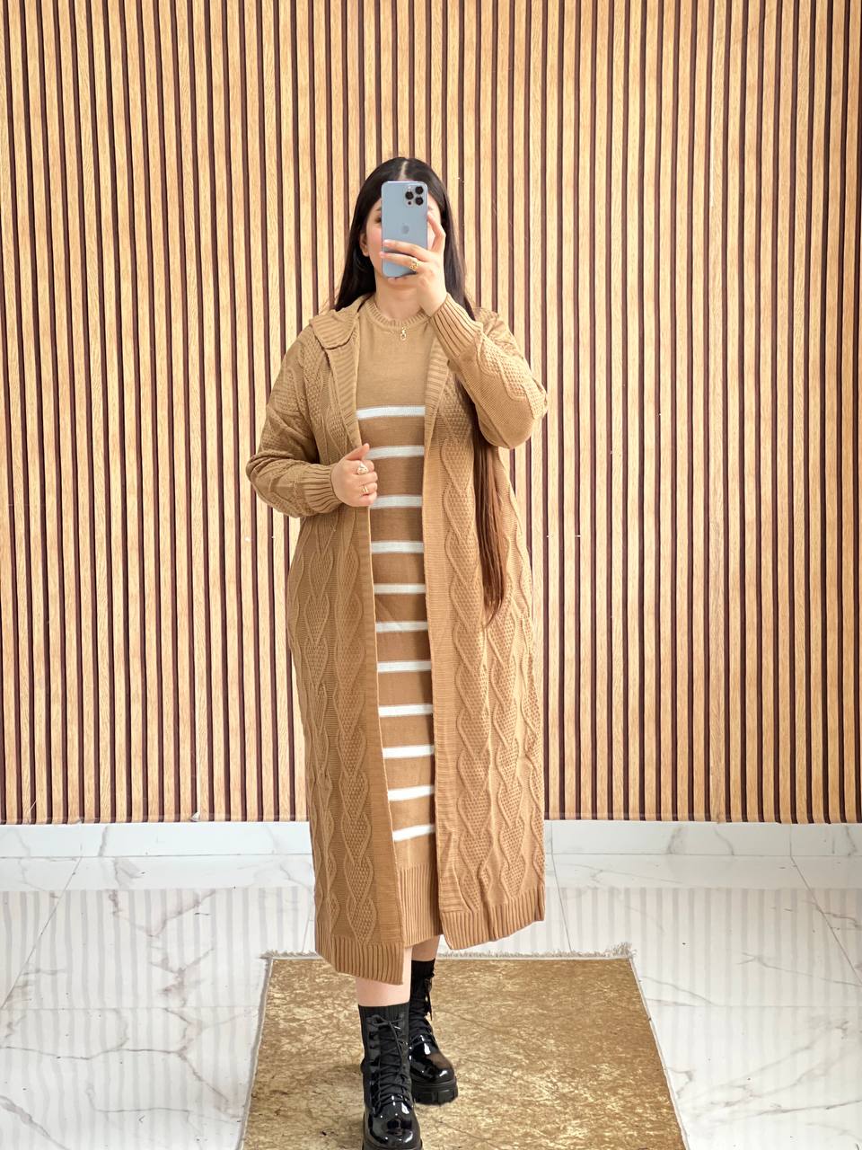✨ سترة صوفية طويلة وأنيقة مع فستان لمظهر أنيق ومريح - توصيل مجاني 🚚✨