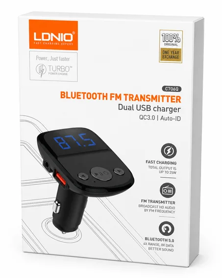 LDNIO C706Q Bluetooth FM Transmitter & Dual USB Car Charger
