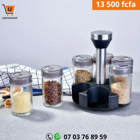 Set de pots à épices avec support rotatif- Organisateur de cuisine