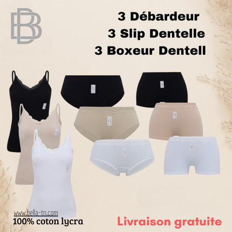 Pack (3) débardeurs-slip dentelle-boxeur P057