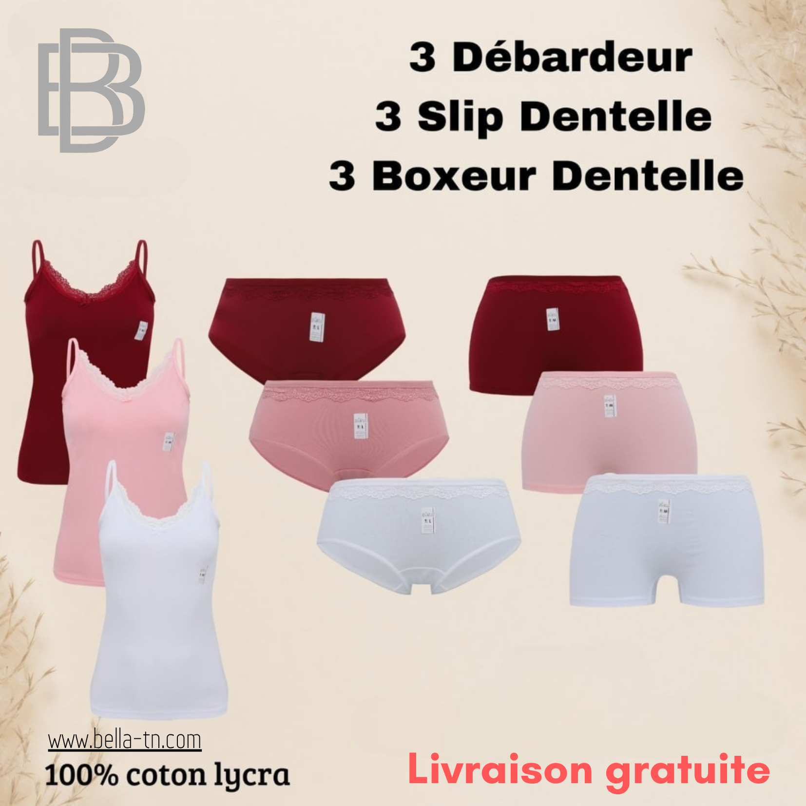 Pack (3) débardeurs-slip dentelle-boxeur