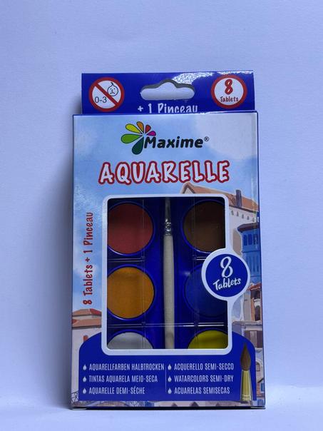 Peinture Aquarelle 8 tablets + 1 pinceau maxime
