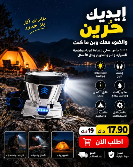 مصباح رأس LED قابل لإعادة الشحن عبر USB.