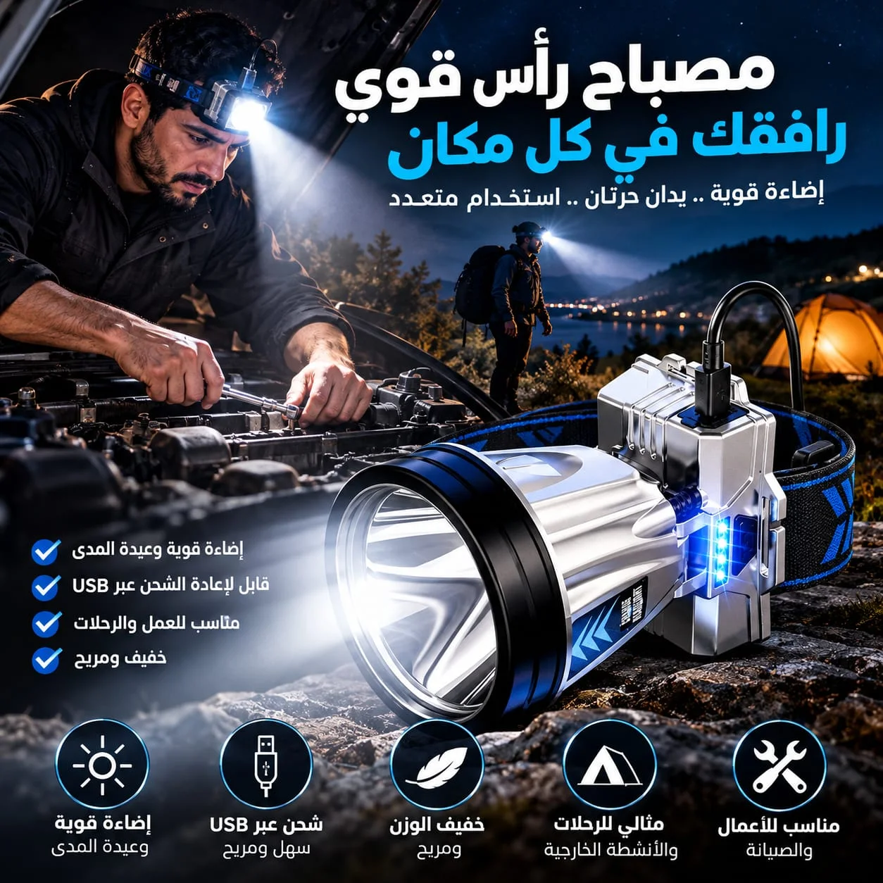 مصباح رأس LED قابل لإعادة الشحن عبر USB.