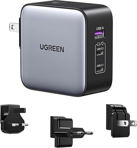 Cargador USB C UGREEN de 65 W, Nexode GaN, cargador de pared rápido con 3 puertos, enchufe de EE. UU., Reino Unido y UE para viajes, compatible con MacBook Pro/Air, Dell XPS, iPhone 14 Pro Ma