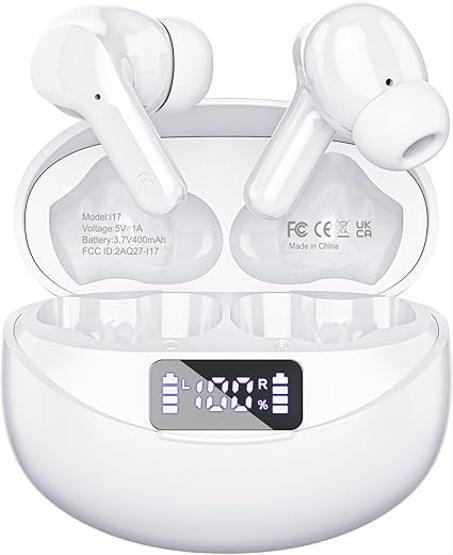 Auriculares inalámbricos Bluetooth 5.3 HiFi estéreo con micrófono con cancelación de ruido ENC y pantalla digital LED en color blanco