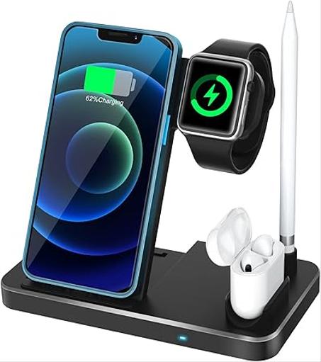 Cargador inalámbrico Guijiyi, estación de carga inductiva 4 en 1, cargador inalámbrico rápido para Apple Watch, AirPods y Pencil, para iPhone 11/11 Pro Max/XR/XS Max/Xs/X, para iWatch y Samsu