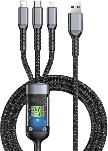 Cable multiUSB 3 en 1 trenzado de carga rápida de 6 A/100 W - Chip inteligente - Versión más gruesa compatible con Lightning/Micro/Tipo C - Cable multicarga rápida 3 en 1 tipo C - (Negro)