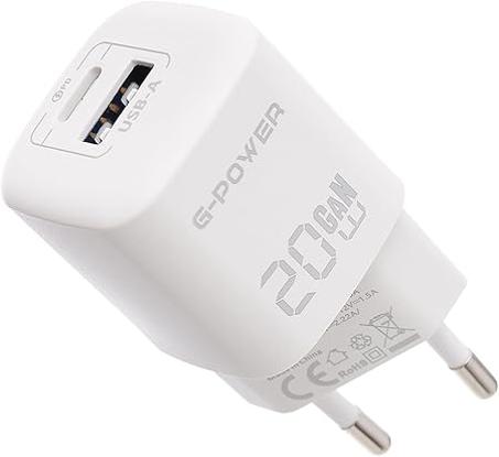 Cargador USB dual G-Power GP-C1 de 20 W (USB-A y USB-C) con Qualcomm Quick Charge 3.0, compatible con iPhone 14/14 Plus/14 Pro/14 Pro Max/13, Galaxy, Pixel 4/3, iPad/iPad - Blanco
