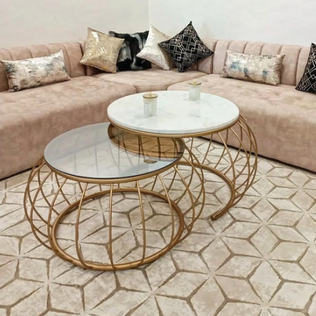 Table gigogne en Verre/Marbre piétement doré bombe