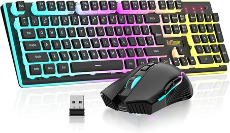 RedThunder K10 - Combo de teclado y ratón inalámbricos para juegos, batería recargable con retroiluminación RGB de 3800 mAh, teclado anti-ghosting de sensación mecánica con teclas pudding + r