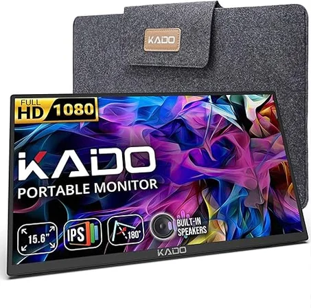 Kado Monitor portátil de 15.6 pulgadas FHD 1080p, carga inversa de 45 W, USB-C mini-HDMI, monitor para juegos, pantalla IPS altavoces integrados, segunda pantalla de 180° con soporte para lap