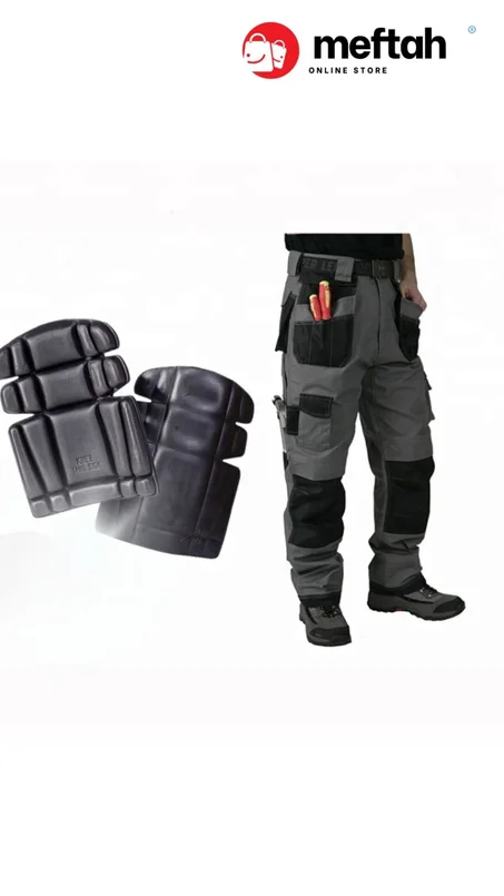 بنطال عمل رمادي 👖 متعدد الجيوب مع وسادات ركبة سوداء 🖤