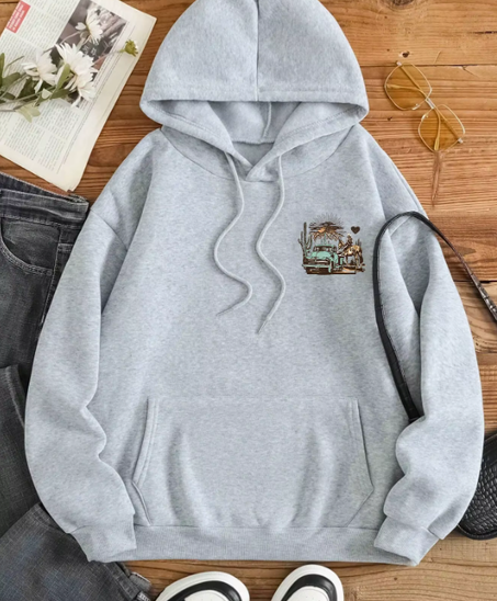 سترة بغطاء الرأس نسائية مطبوعة برقبة مستديرة