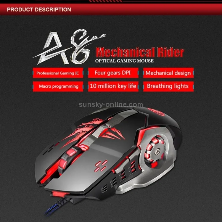Apedra iMICE A8 High Precision Gaming Mouse LED Four Color Controlled Breathing Light USB 6 Buttons 3200 DPI Wired Optical Gaming Mouse for Computer PC Laptop(Black) - 4