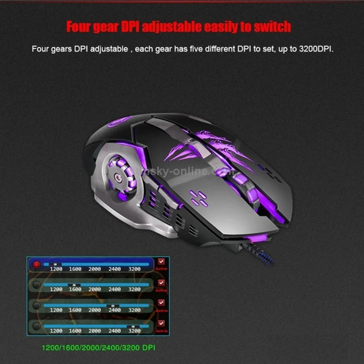 Apedra iMICE A8 High Precision Gaming Mouse LED Four Color Controlled Breathing Light USB 6 Buttons 3200 DPI Wired Optical Gaming Mouse for Computer PC Laptop(Black) - 6