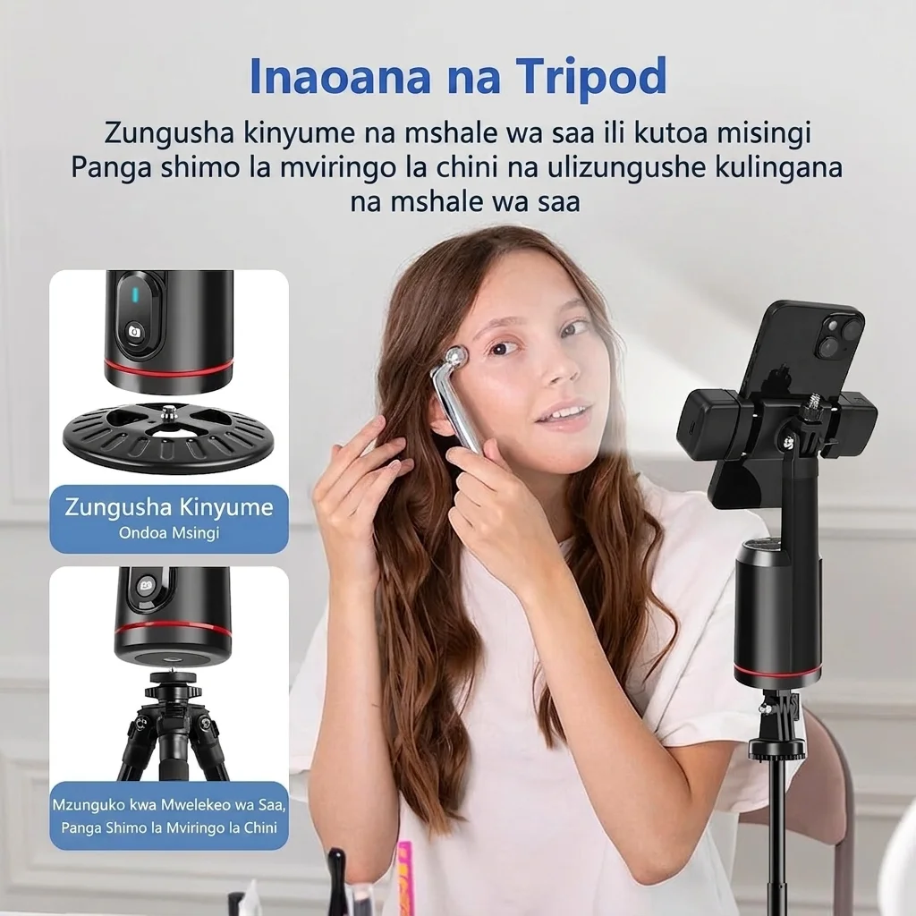 Kifaa cha AI kinachofuatilia uso wako 360° kiotomatiki bila programu. Kifaa kimoja ni 107,999 TZS. Kinafaa kwa TikTok, Vlog na Live, kina remote, betri inayochajiwa, na kinaendana na iPhone n
