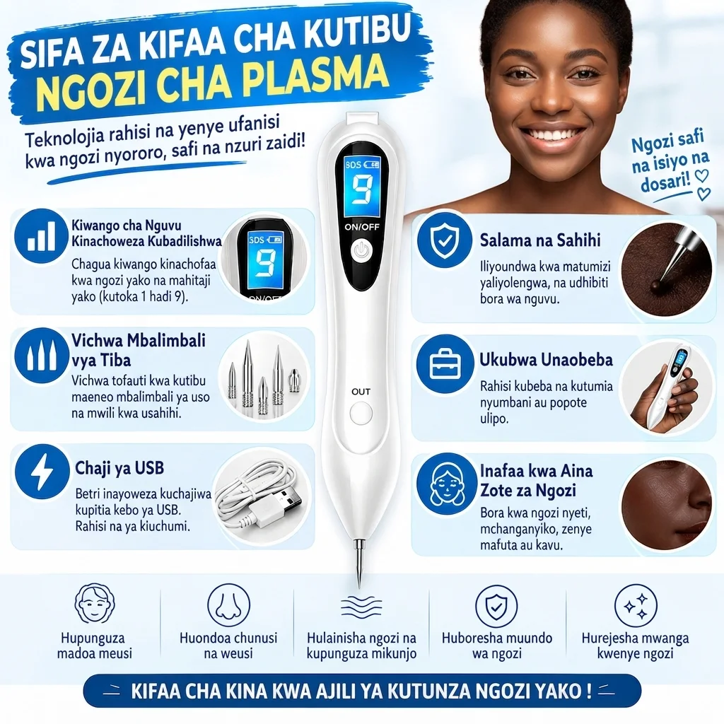 Kalamu ya Plasma ya Umeme ya Kuondoa Vinyama vya Ngozi, yenye viwango 15 vya nguvu vinavyoweza kurekebishwa, taa ya LED, na inachajiwa kwa USB. Bei ni 106,000 TZS tu.