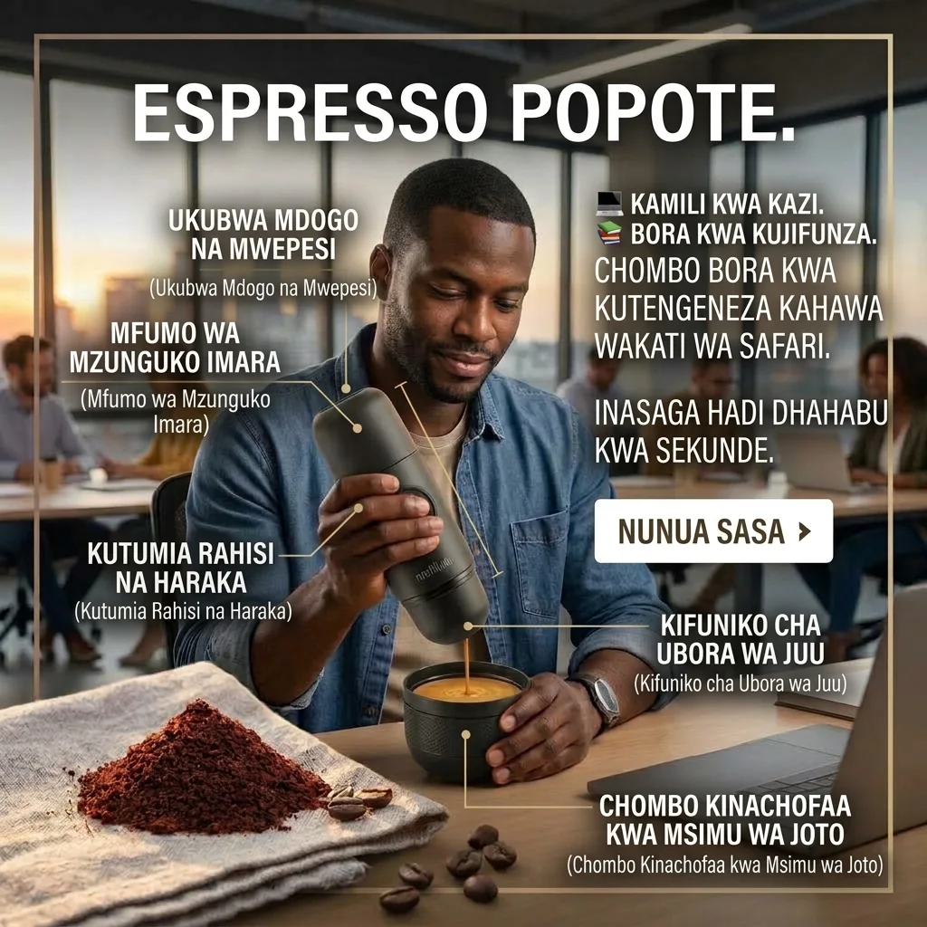 Furahia espresso safi na tamu popote ulipo ukiwa na Minipresso GP, ndogo na rahisi kubeba. Tayarisha kahawa yako kwa urahisi nyumbani, kazini au safarini — bei ni: 106,000 TZS tu!