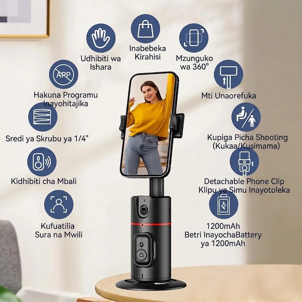 Kifaa cha AI kinachofuatilia uso wako 360° kiotomatiki bila programu. Kifaa kimoja ni 107,999 TZS. Kinafaa kwa TikTok, Vlog na Live, kina remote, betri inayochajiwa, na kinaendana na iPhone n