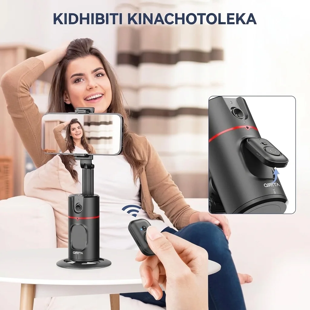 Kifaa cha AI kinachofuatilia uso wako 360° kiotomatiki bila programu. Kifaa kimoja ni 107,999 TZS. Kinafaa kwa TikTok, Vlog na Live, kina remote, betri inayochajiwa, na kinaendana na iPhone n