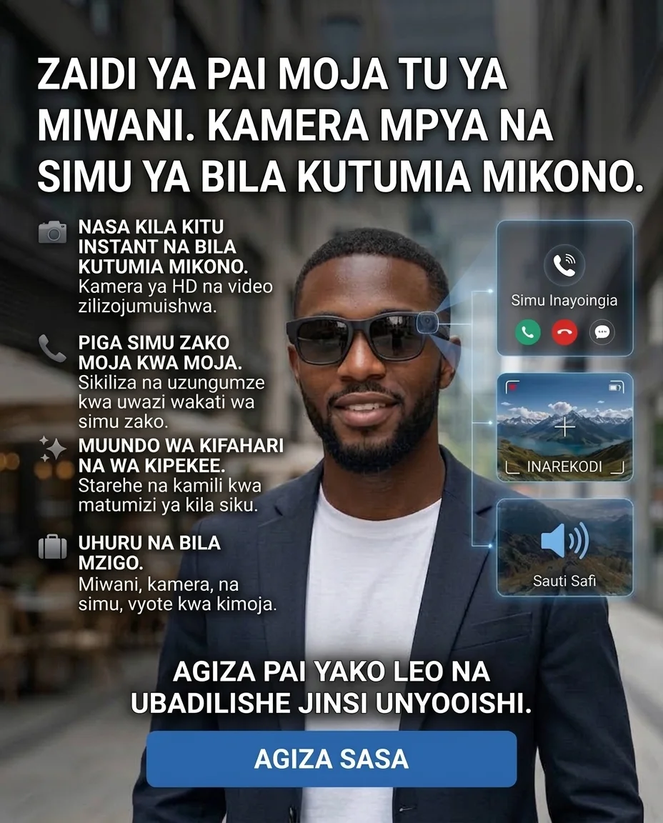 Miwani janja kwa bei ya TZS 146,000 tu, yenye kamera ya HD ya kupiga picha, kurekodi video na sauti, maikrofoni mbili, lenzi zinazobadilika rangi, chaji ya USB-C na teknolojia ya AI.