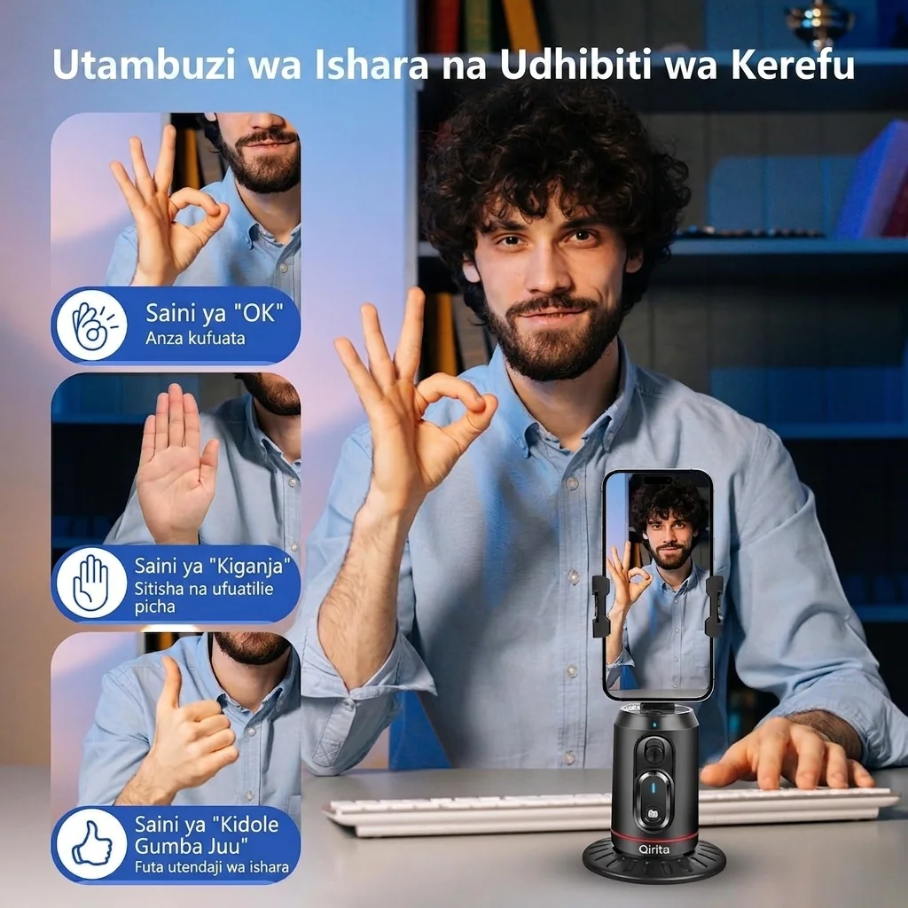 Kifaa cha AI kinachofuatilia uso wako 360° kiotomatiki bila programu. Kifaa kimoja ni 107,999 TZS. Kinafaa kwa TikTok, Vlog na Live, kina remote, betri inayochajiwa, na kinaendana na iPhone n