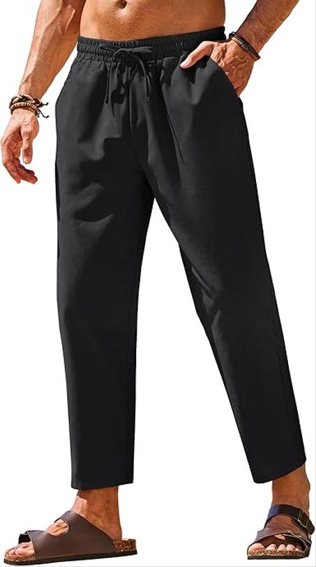 كوفاندي سروال كاجوال من الكتان للرجال بخصر مطاطي ورباط لليوجا والشاطئ والصيف