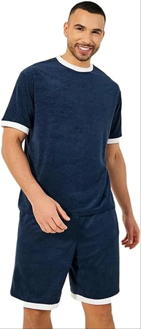 طقم تي شيرت منسوج ومنشفة وشورت بحواف متباينة للرجال من ستايلي