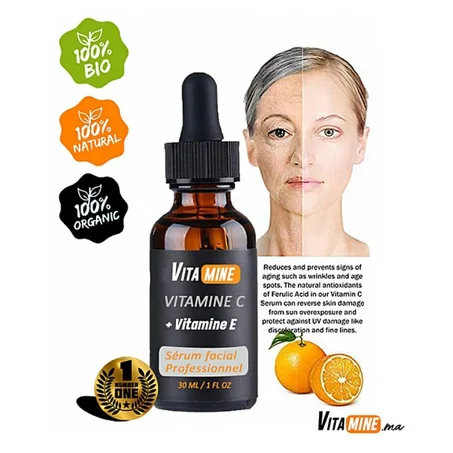 Vitamine Sérum Visage Vitamine C + Vitamine E, Anti-âge et Anti-rides 30ml