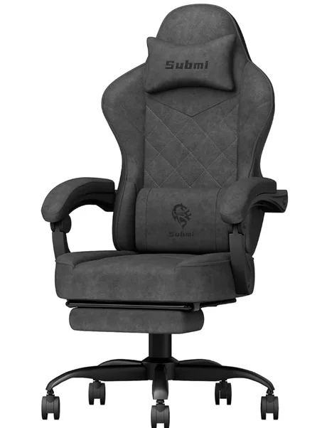 كرسي من سوبمي للألعاب والعمل المكتبي والاسترخاء، يتميز بتصميم مريح مع مسند للقدم ودعم قطني وأجزاء قابلة للتعديل، مصنوع من الحديد والقماش، باللون الأسود
