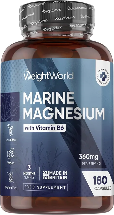 ماغنيزيومWeightworld Marine Magnesium with Vitamin B6 | 180 Vegan Capsules | 360mg per Serving | 3 Months Supply | Gluten-Free, Non-GMO & GMP-Approved | Magnesium Supplements | Made in UK