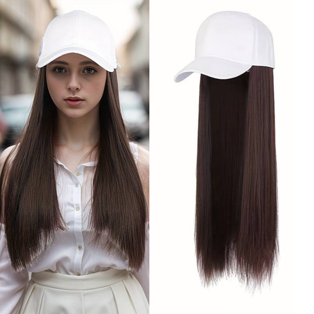 قبعة بيضاء مع شعر مستعار مستقيم