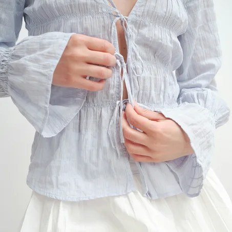 Azure Crinkle Gauze Peasant Blouse