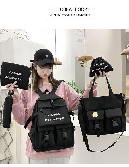 5 pcs, sac à dos + sac à bandoulière, sac à main, porte-monnaie, trousse crayons