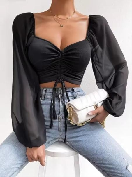 ALLUKASA-تي شيرت شبكي بأكمام فانوس للنساء ، صدر ملفوف برباط ، تي شيرت بدون رباط ، أكمام طويلة قاعية ، مثير