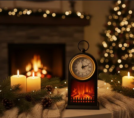 ساعة  ديكور  بإضاءة لهب واقعية