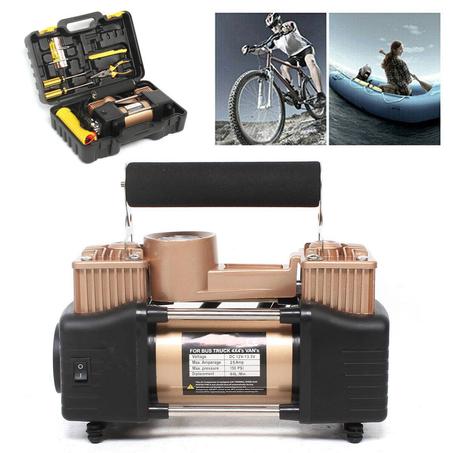 💨 مضخة هواء مزدوجة الأسطوانة للسيارات والدراجات 12V - قوية ومحمولة!