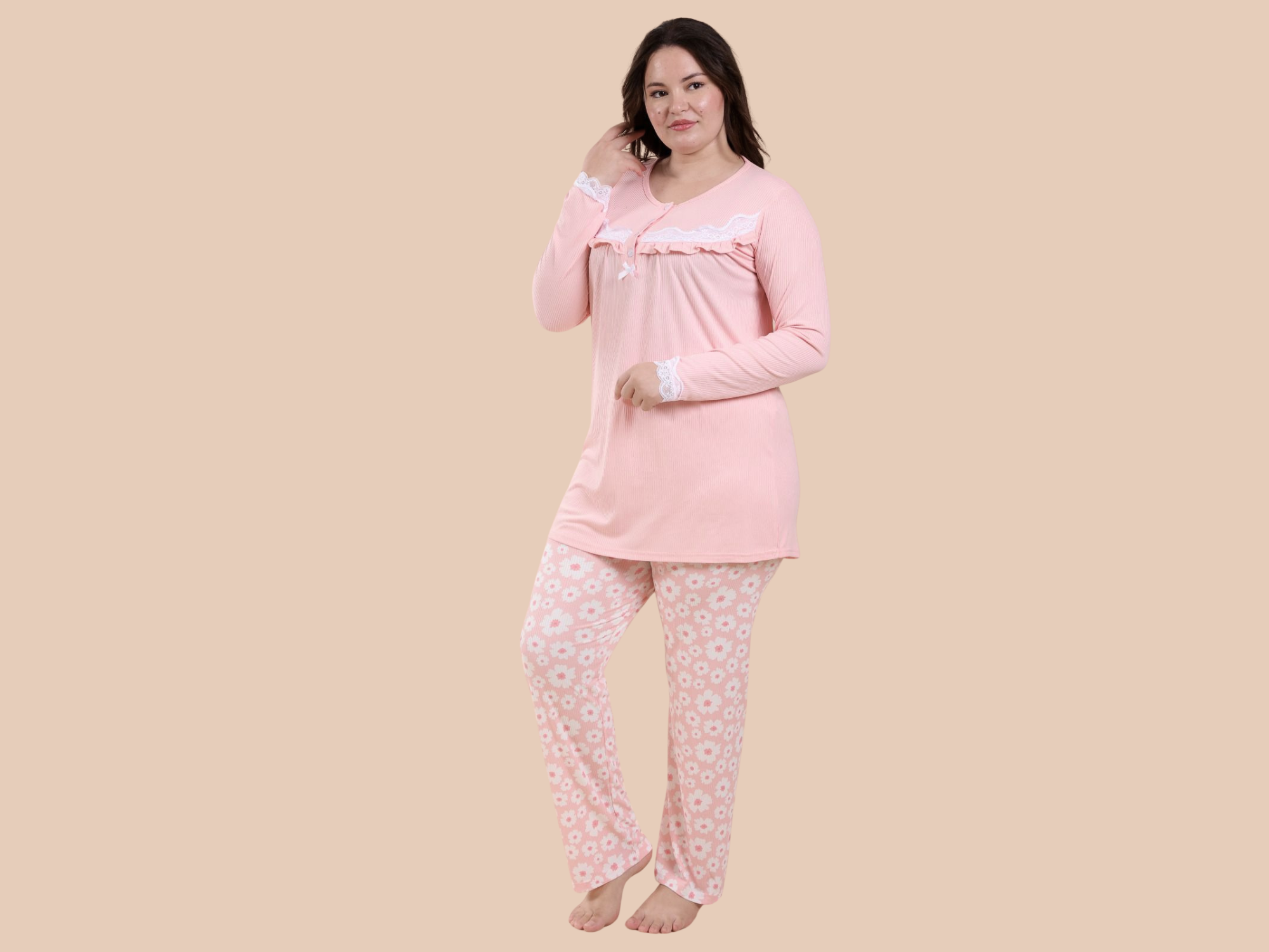 pyjama 2 pièces Pantalon à motifs floraux avec dentelle sur les manches