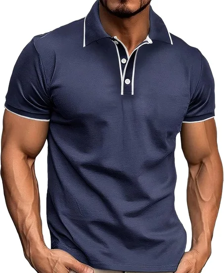 سيور قميص بولو منسوج للرجال بأكمام قصيرة كلاسيكية قابلة للتمدد بأزرار أمامية للغولف، قميص بولو صيفي مضلع بياقة مائلة من سيور