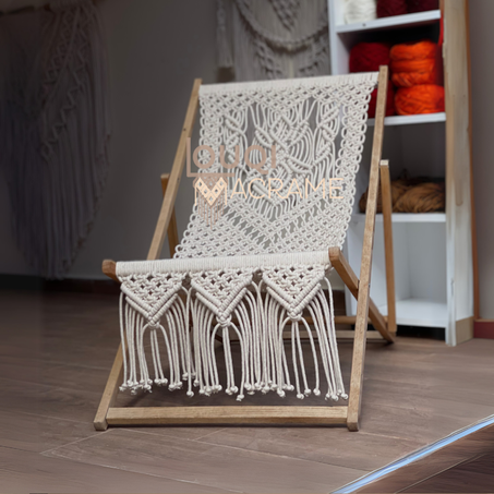 Chaise Longue en Bois avec Revêtement Macramé - Confort Bohème