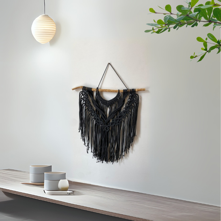 Suspension Murale Macramé Noir Élégant - Style Minimaliste