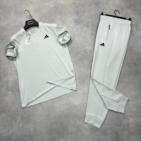 Ensemble Coton Adidas T-shirt Gris Manches Courtes Et Pantalon Jogging Gris Coton