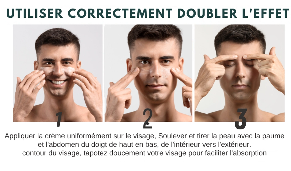 Apply the cream evenly to the face, Lift and pull the skin with the palm and the finger abdomen from top to bottom, from the inside out the outline of the face contour, Pat your face gently to hel