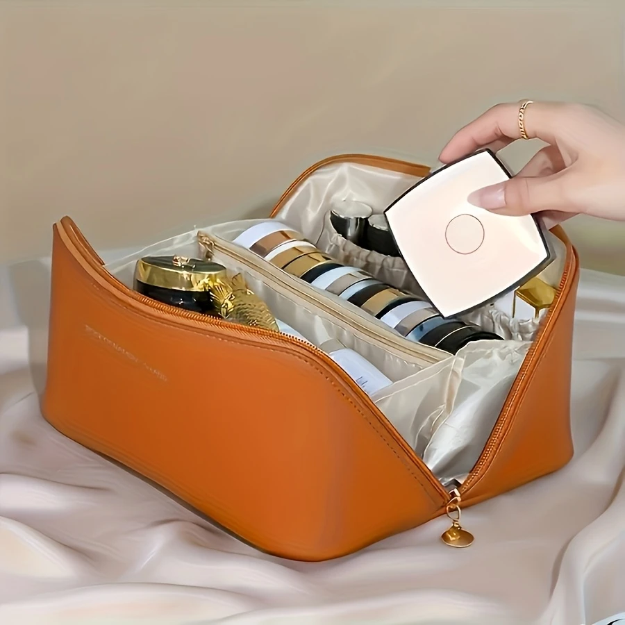 حقيبة مستحضرات تجميل محمولة للسفر مصنوعة من الجلد الصناعي بتصميم أنيق ومقاس كبير بسعة كبيرة مع فواصل