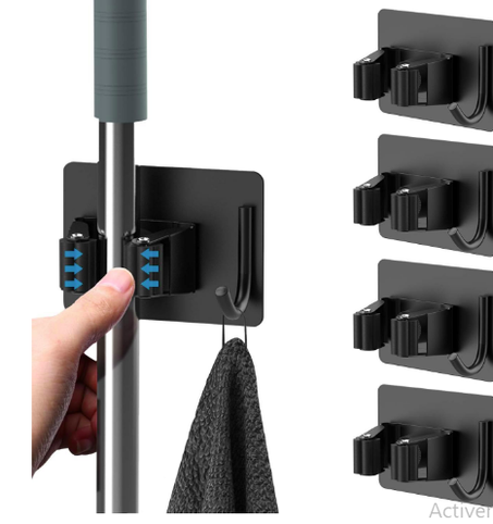 حامل ممسحة ومكنسة ذاتي اللصق من الفولاذ المقاوم للصدأ مع رف وخطاف، منظم يثبت على الحائط للمنزل والحمام والمطبخ والمكتب والخزانة، 5 قطع (أسود)