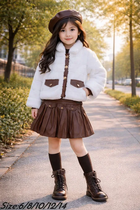 🌙 جديد العيد: طقم بنات فاخر 3 قطع (جاكيت + تنورة + قبعة)