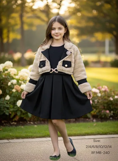 👗 طقم فستان بناتي شتوي أنيق مع جاكيط فرو فاخر