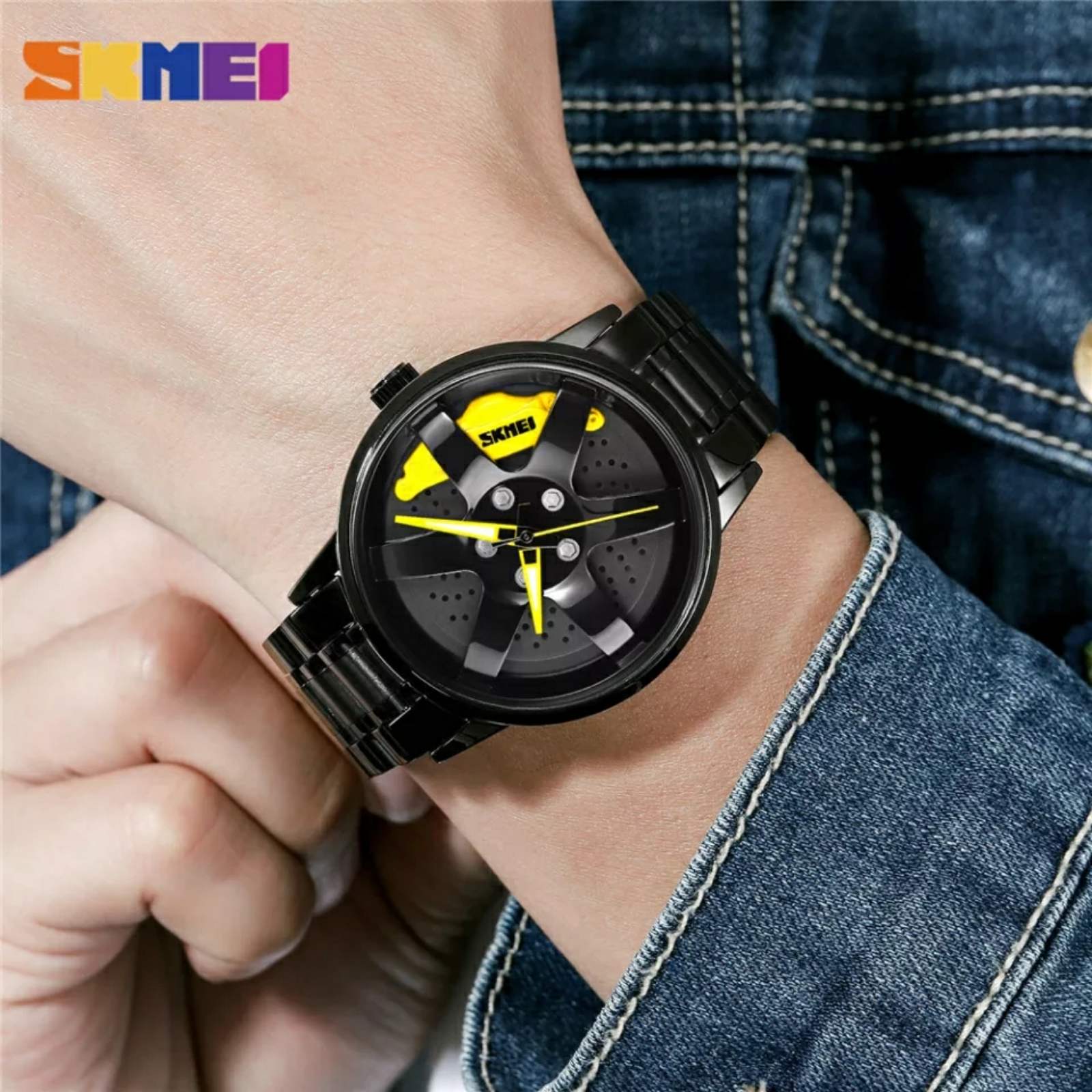Montre analogique SKMEI 1787 pour homme, étanche, en acier inoxydable – Noir/Jaune